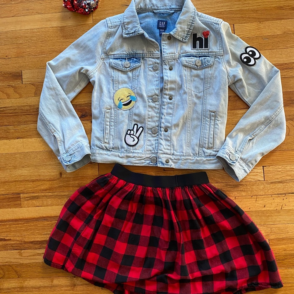 GAP emoji jeans jacket, Buffalo plaid skirt set M